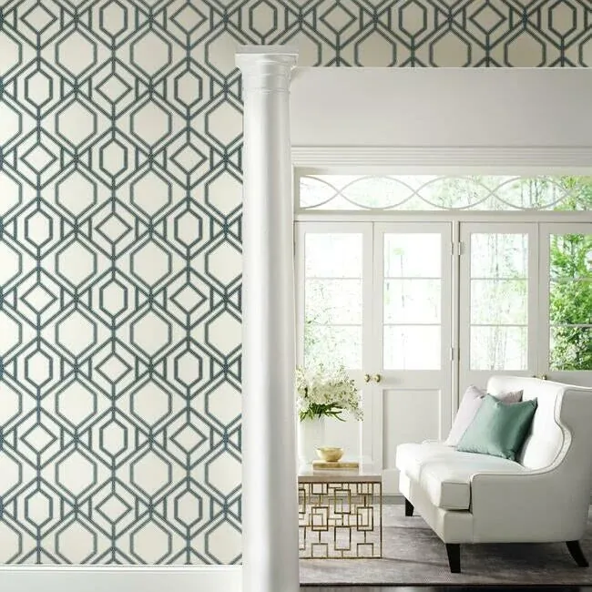 York Wallcoverings Sawgrass Trellis White & Blue Wallpaper - SKU TC2634