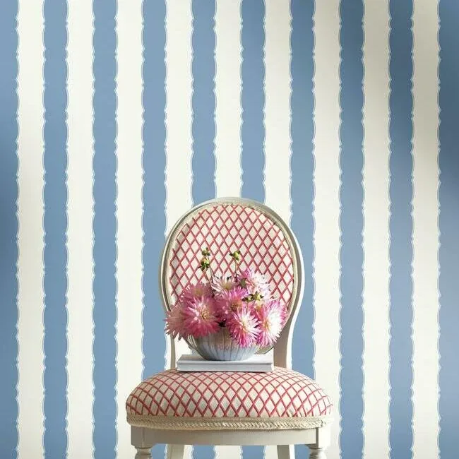 York Wallcoverings Scalloped Stripe Blue Wallpaper | Wallpaper Twins York Wallcoverings Scalloped Stripe Blue Wallpaper - SKU GR6012