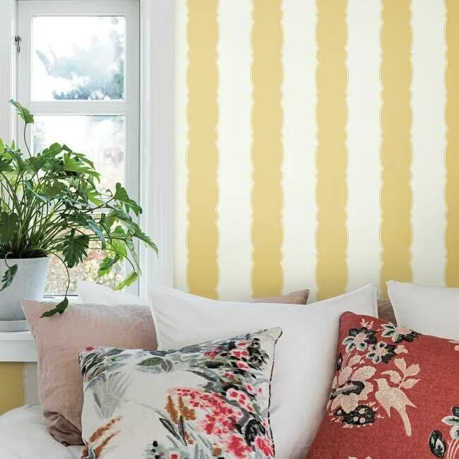 York Wallcoverings Scalloped Stripe Yellow Wallpaper | Wallpaper Twins York Wallcoverings Scalloped Stripe Yellow Wallpaper - SKU GR6016