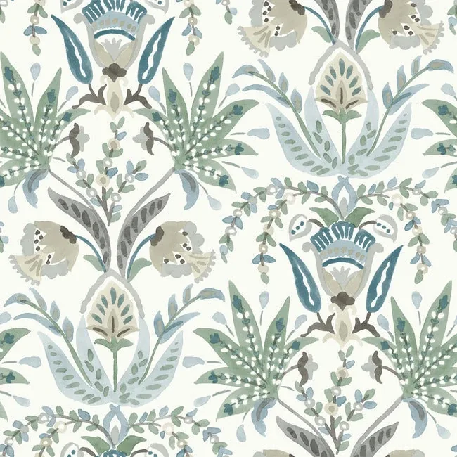 York Wallcoverings Seaside Jacobean Green & Blue Wallpaper - SKU MN1910