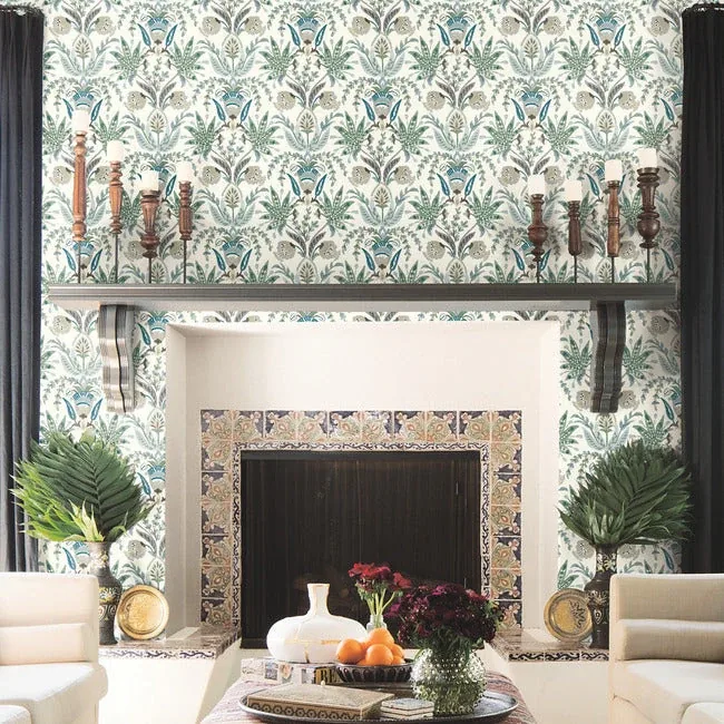York Wallcoverings Seaside Jacobean Green & Blue Wallpaper | Wallpaper Twins York Wallcoverings Seaside Jacobean Green & Blue Wallpaper - SKU MN1910