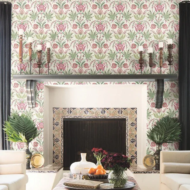 York Wallcoverings Seaside Jacobean Green & Red Wallpaper | Wallpaper Twins York Wallcoverings Seaside Jacobean Green & Red Wallpaper - SKU MN1914