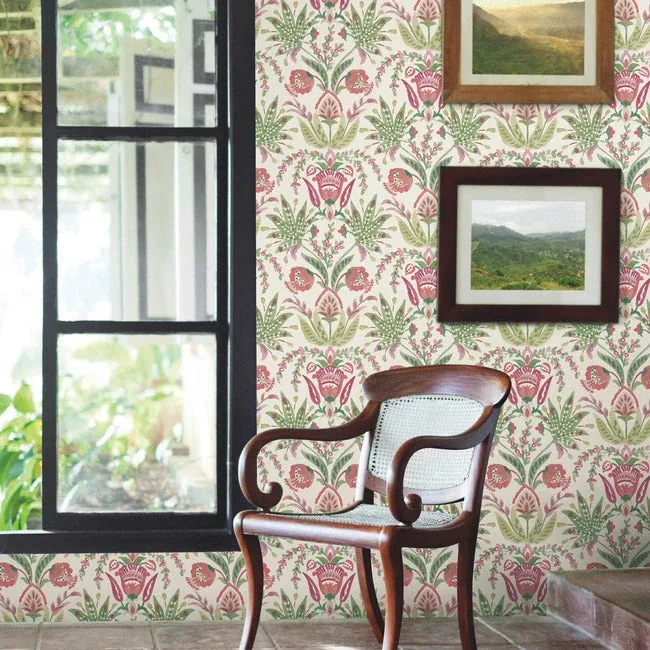 York Wallcoverings Seaside Jacobean Green & Red Wallpaper | Wallpaper Twins York Wallcoverings Seaside Jacobean Green & Red Wallpaper - SKU MN1914