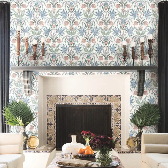 York Wallcoverings Seaside Jacobean Pink & Blue Wallpaper | Wallpaper Twins York Wallcoverings Seaside Jacobean Pink & Blue Wallpaper - SKU MN1912