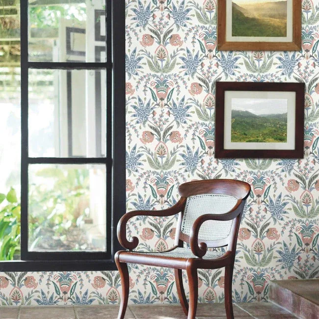 York Wallcoverings Seaside Jacobean Pink & Blue Wallpaper | Wallpaper Twins York Wallcoverings Seaside Jacobean Pink & Blue Wallpaper - SKU MN1912