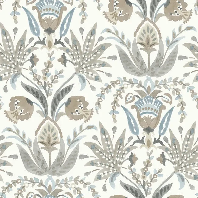 MN1915 | Seaside Jacobean Taupe & Blue Wallpaper