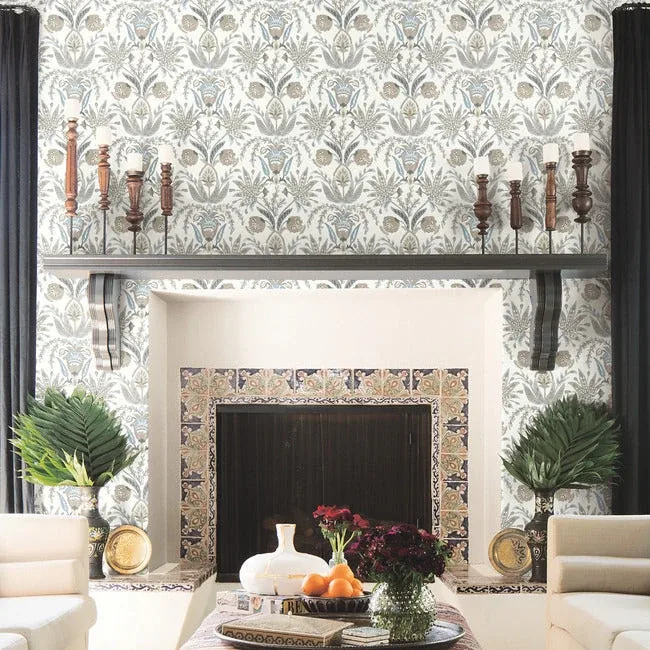York Wallcoverings Seaside Jacobean Taupe & Blue Wallpaper - SKU MN1915