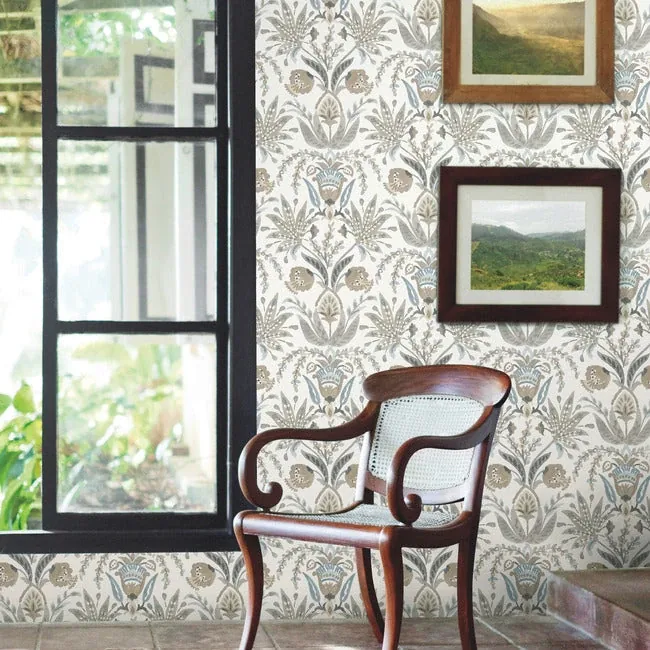 York Wallcoverings Seaside Jacobean Taupe & Blue Wallpaper - SKU MN1915