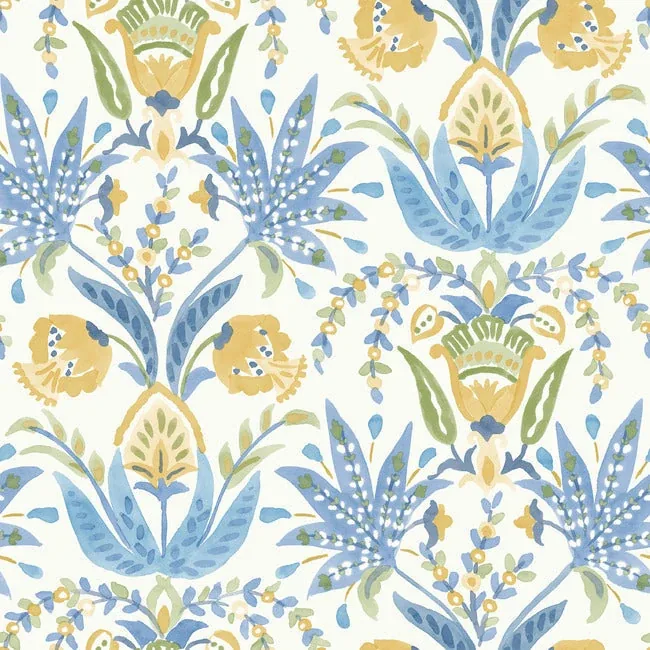 MN1913 | Seaside Jacobean Yellow & Blue Wallpaper