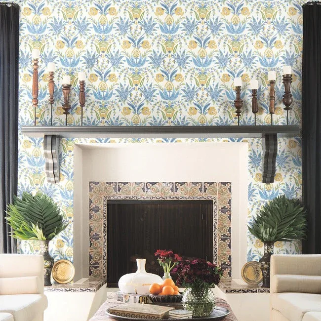 York Wallcoverings Seaside Jacobean Yellow & Blue Wallpaper - SKU MN1913