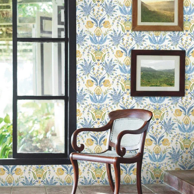 York Wallcoverings Seaside Jacobean Yellow & Blue Wallpaper - SKU MN1913