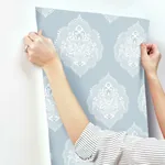 York Wallcoverings Signet Medallion Damask Blue Wallpaper | Wallpaper Twins York Wallcoverings Signet Medallion Damask Blue Wallpaper - SKU DM4985