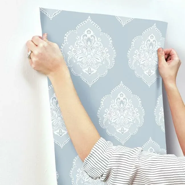 York Wallcoverings Signet Medallion Damask Blue Wallpaper | Wallpaper Twins York Wallcoverings Signet Medallion Damask Blue Wallpaper - SKU DM4985