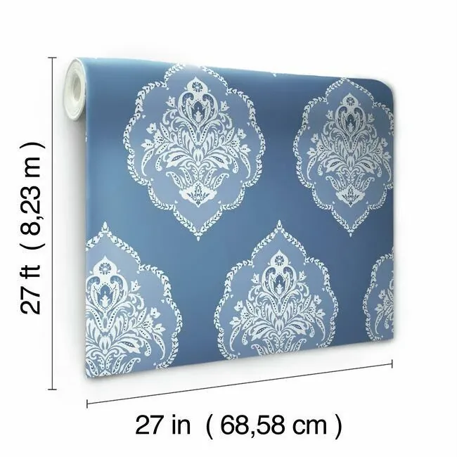 York Wallcoverings Signet Medallion Damask Blue Wallpaper - SKU DM4986