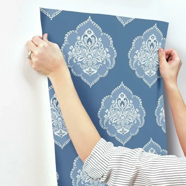 York Wallcoverings Signet Medallion Damask Blue Wallpaper - SKU DM4986