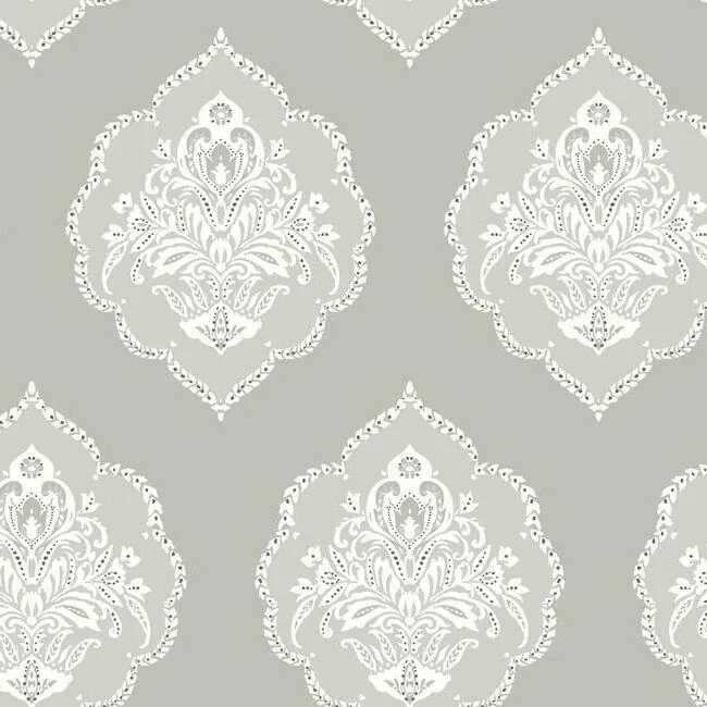 York Wallcoverings Signet Medallion Damask Grey Wallpaper - SKU DM4984