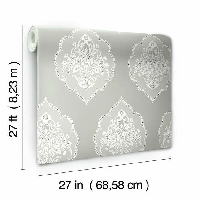 York Wallcoverings Signet Medallion Damask Grey Wallpaper - SKU DM4984