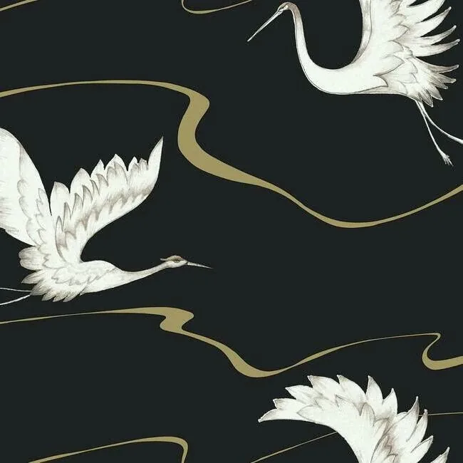BW3871 | Soaring Cranes Black & Gold Wallpaper