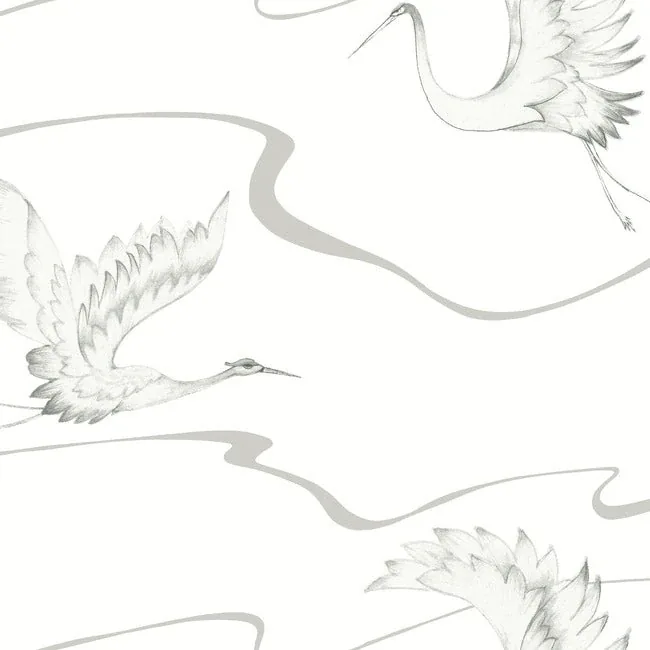 York Wallcoverings Soaring Cranes White & Silver Wallpaper - SKU BW3873