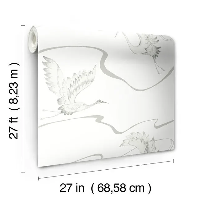 York Wallcoverings Soaring Cranes White & Silver Wallpaper - SKU BW3873