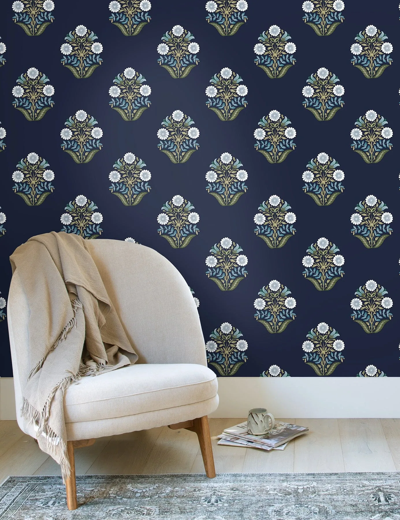 York Wallcoverings Sophie Navy Floral Medallion Peel & Stick Wallpaper - SKU PSW1576RL