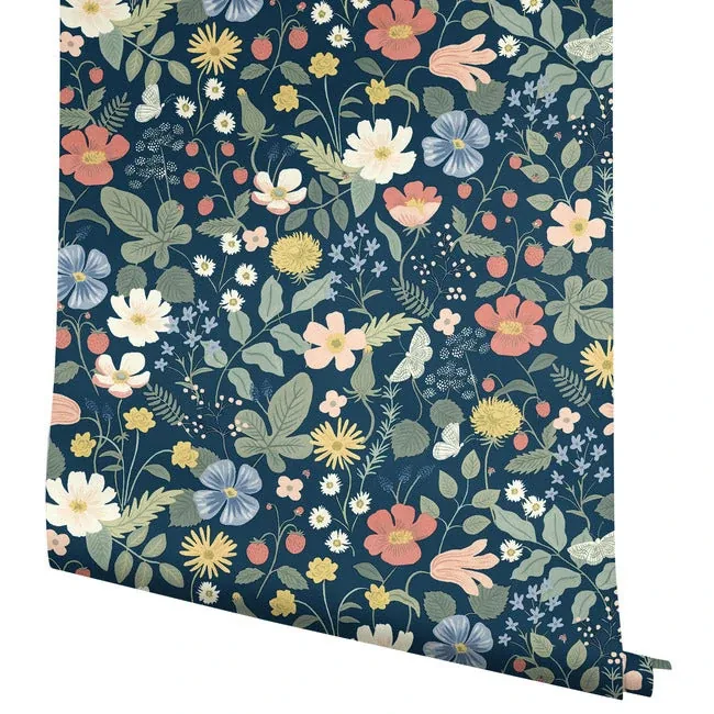 York Wallcoverings Strawberry Fields Blue & Pink Wallpaper - SKU RP7358