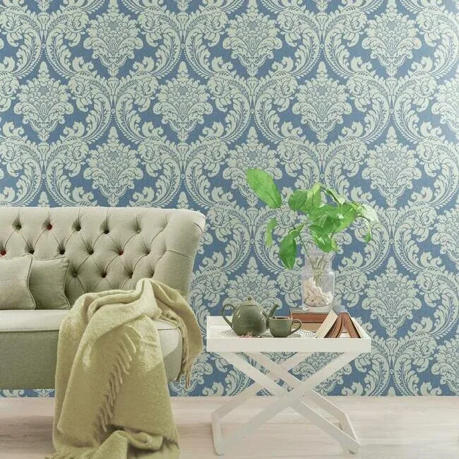 York Wallcoverings Tapestry Damask Blue Wallpaper | Wallpaper Twins York Wallcoverings Tapestry Damask Blue Wallpaper - SKU GR6024