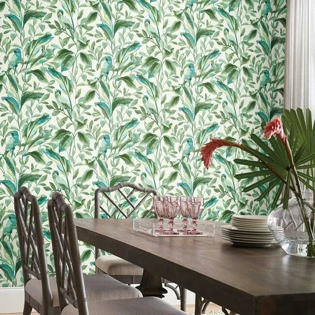 York Wallcoverings Tropical Love Birds White & Aqua Wallpaper - SKU TC2654