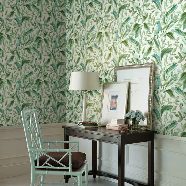 York Wallcoverings Tropical Love Birds White & Aqua Wallpaper | Wallpaper Twins York Wallcoverings Tropical Love Birds White & Aqua Wallpaper - SKU TC2654