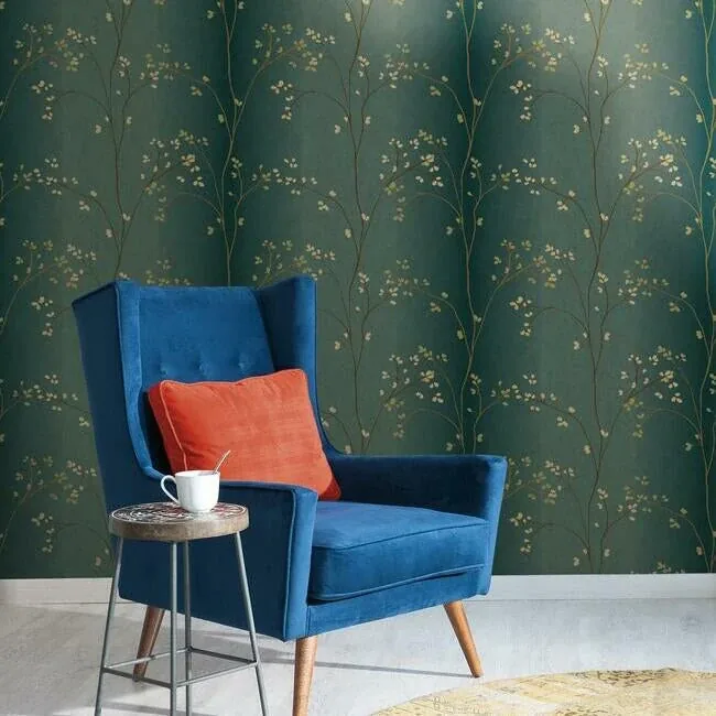 York Wallcoverings Vertical Blossoms Teal Metallic Wallpaper | Wallpaper Twins York Wallcoverings Vertical Blossoms Teal Metallic Wallpaper - SKU BR6224