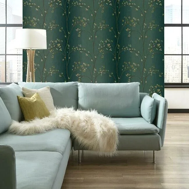York Wallcoverings Vertical Blossoms Teal Metallic Wallpaper | Wallpaper Twins York Wallcoverings Vertical Blossoms Teal Metallic Wallpaper - SKU BR6224