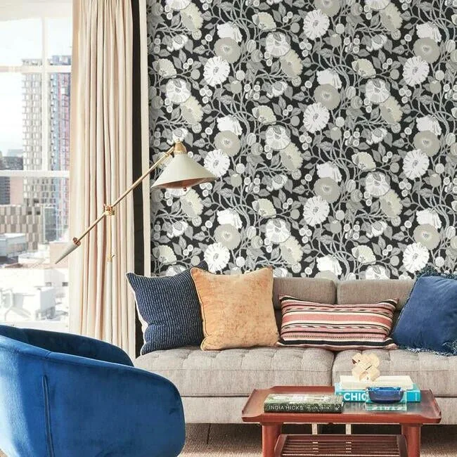 York Wallcoverings Vincent Poppies Black & Cream Wallpaper - SKU BW3981