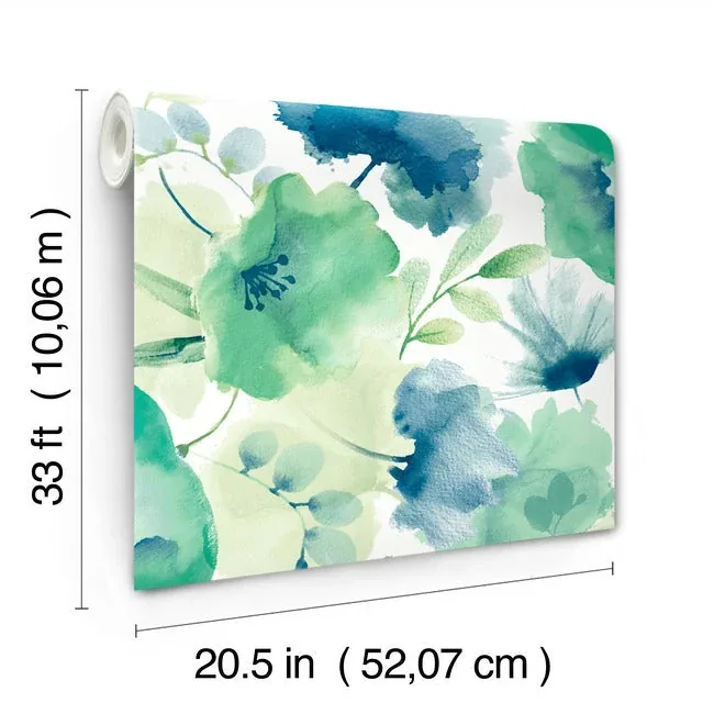 York Wallcoverings Watercolor Bouquet Blue & Green Wallpaper - SKU BL1774