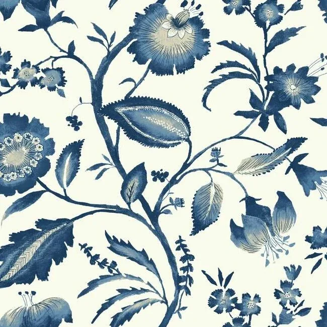 York Wallcoverings Watercolor Jacobean Blue & White Wallpaper - SKU AT7021