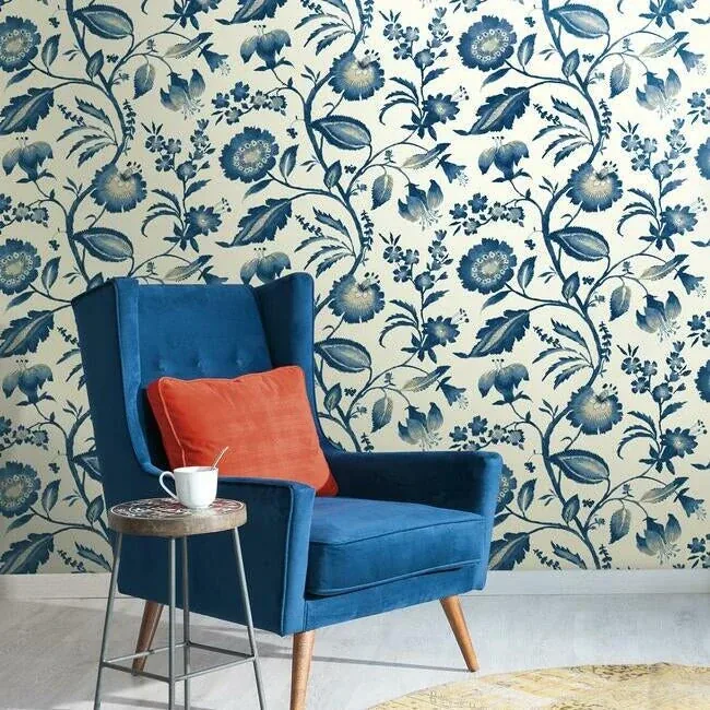 York Wallcoverings Watercolor Jacobean Blue & White Wallpaper | Wallpaper Twins York Wallcoverings Watercolor Jacobean Blue & White Wallpaper - SKU AT7021