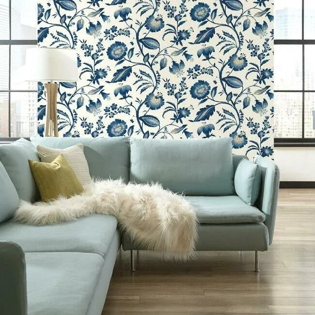 York Wallcoverings Watercolor Jacobean Blue & White Wallpaper | Wallpaper Twins York Wallcoverings Watercolor Jacobean Blue & White Wallpaper - SKU AT7021