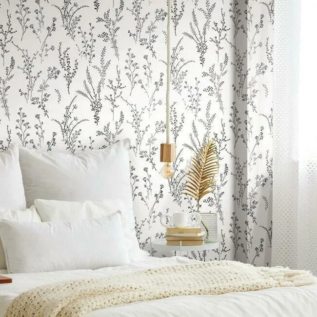 York Wallcoverings Wildflower Sprigs Black & White Wallpaper - SKU FH4026