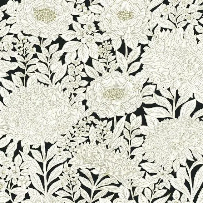 BW3923 | Wood Block Blooms Black & Gold Wallpaper