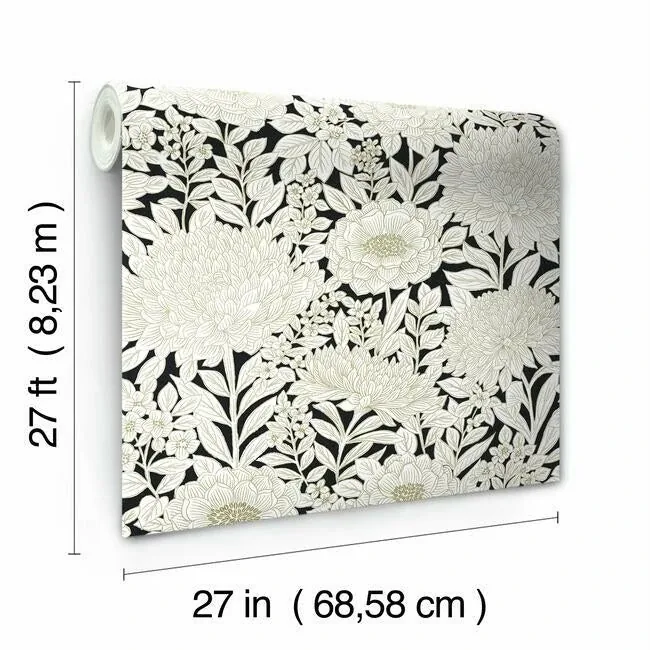 York Wallcoverings Wood Block Blooms Black & Gold Wallpaper | Wallpaper Twins York Wallcoverings Wood Block Blooms Black & Gold Wallpaper - SKU BW3923