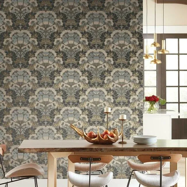 York Wallcoverings Yarrow Nouveau Charcoal & Gold Wallpaper - SKU NV5557