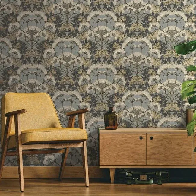 York Wallcoverings Yarrow Nouveau Charcoal & Gold Wallpaper | Wallpaper Twins York Wallcoverings Yarrow Nouveau Charcoal & Gold Wallpaper - SKU NV5557