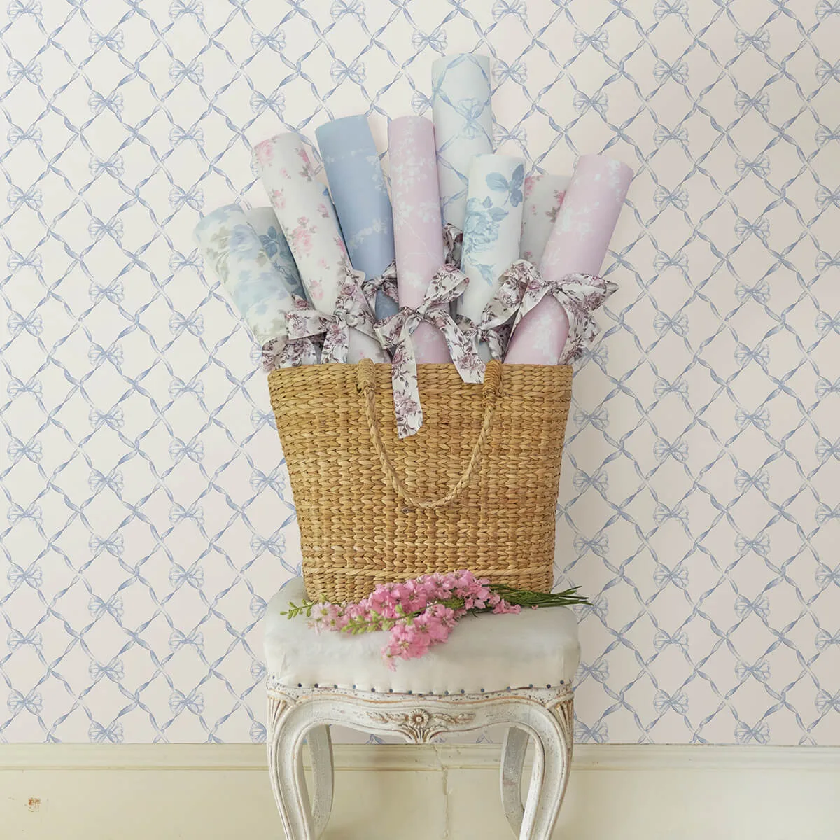 A-Street Prints Baby Bow wallpaper, color Blue Bella Ribbon, SKU AST4168