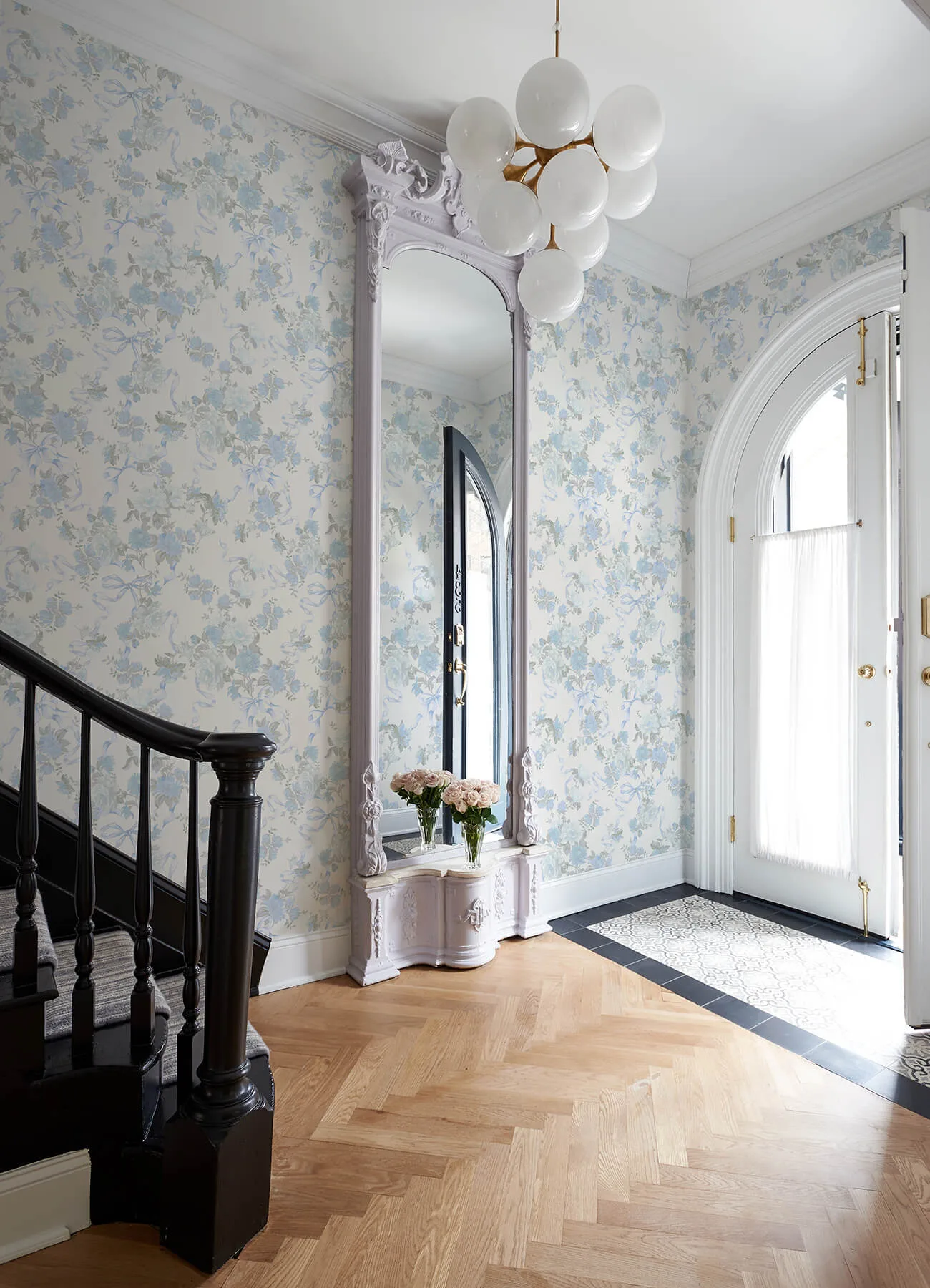 A-Street Prints Cabbage Rose Bow wallpaper, color Dusty River Blue, SKU AST4654