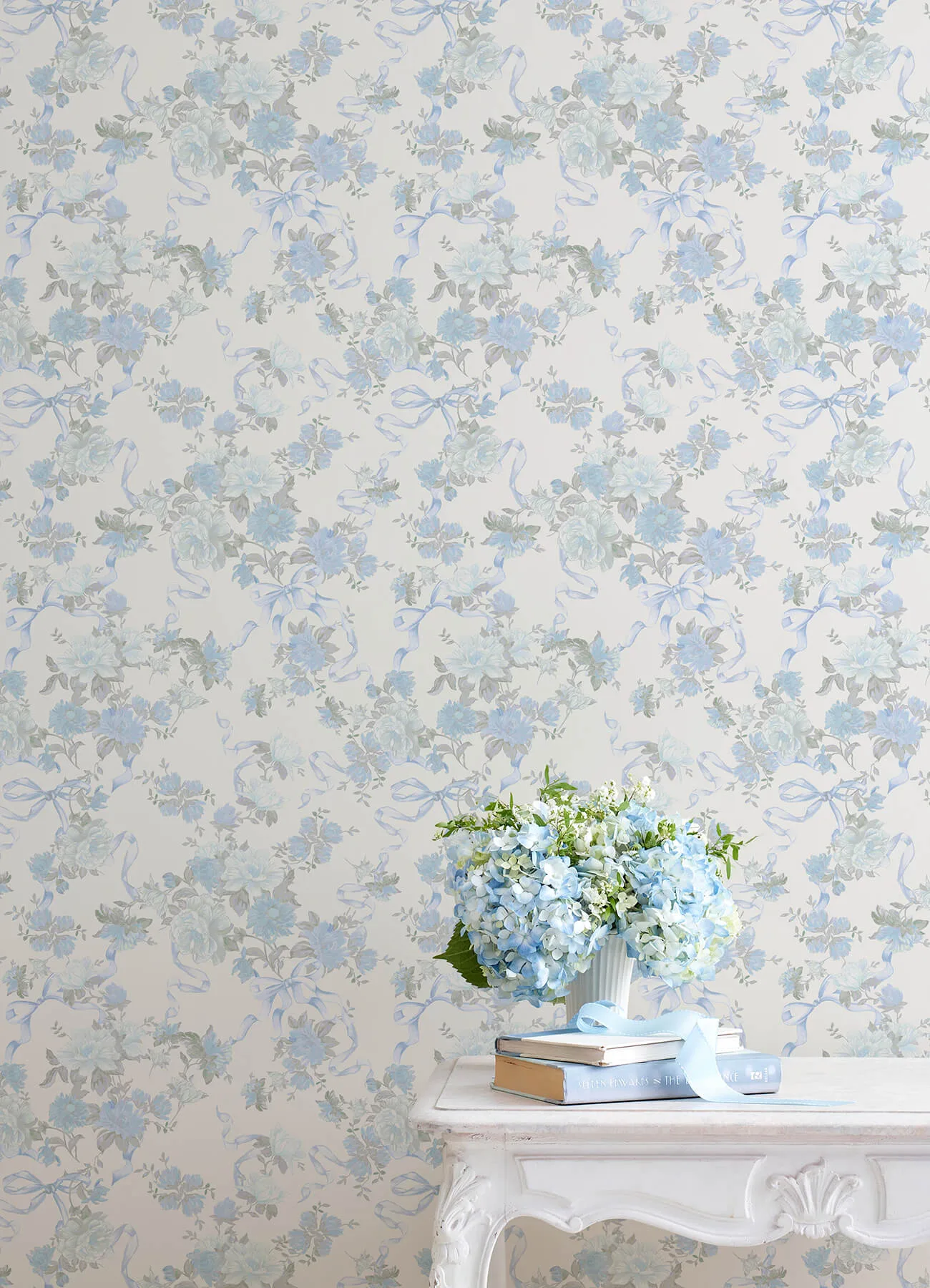 A-Street Prints Cabbage Rose Bow - Dusty River Blue Wallpaper | Buy Online A-Street Prints Cabbage Rose Bow wallpaper, color Dusty River Blue, SKU AST4654