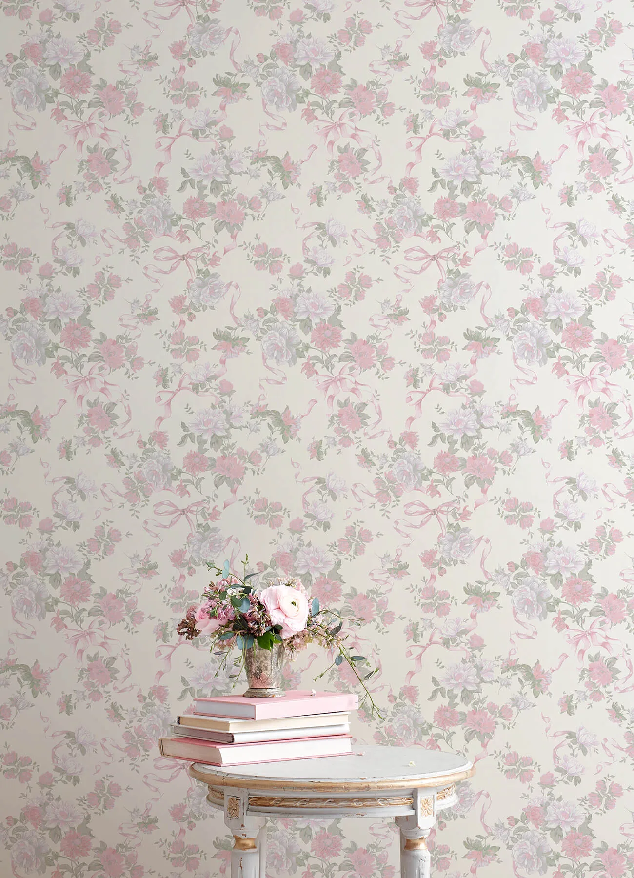 A-Street Prints Cabbage Rose Bow wallpaper, color Pretty in Pink, SKU AST4653