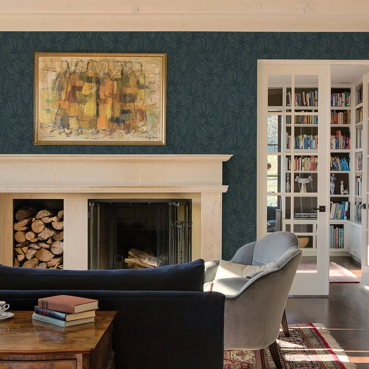 A-Street Prints Selwyn Flock wallpaper, color Dark Blue, SKU 2970-87356