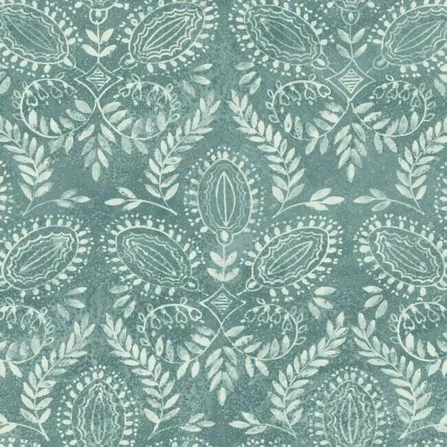 Antonina Vella Laurel Damask wallpaper, color Teal, SKU BO6735