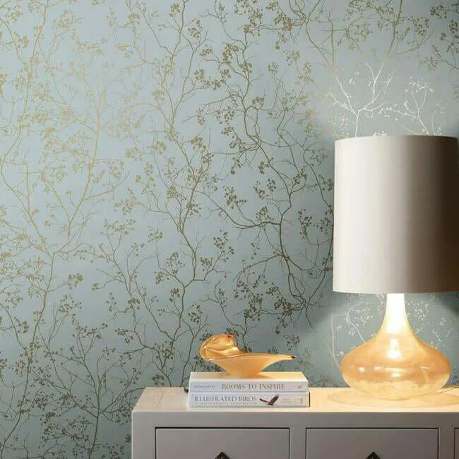 Antonina Vella Luminous Branches - Blue & Gold Wallpaper | Buy Online Antonina Vella Luminous Branches wallpaper, color Blue & Gold, SKU DD3813