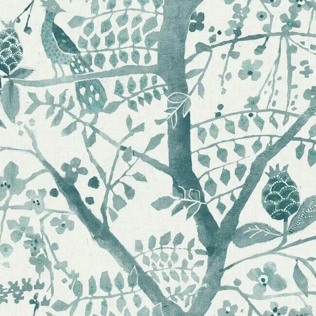 Antonina Vella Peacock Block Print wallpaper, color Teal, SKU BO6632