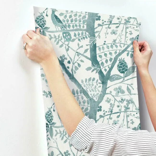 Antonina Vella Peacock Block Print wallpaper, color Teal, SKU BO6632